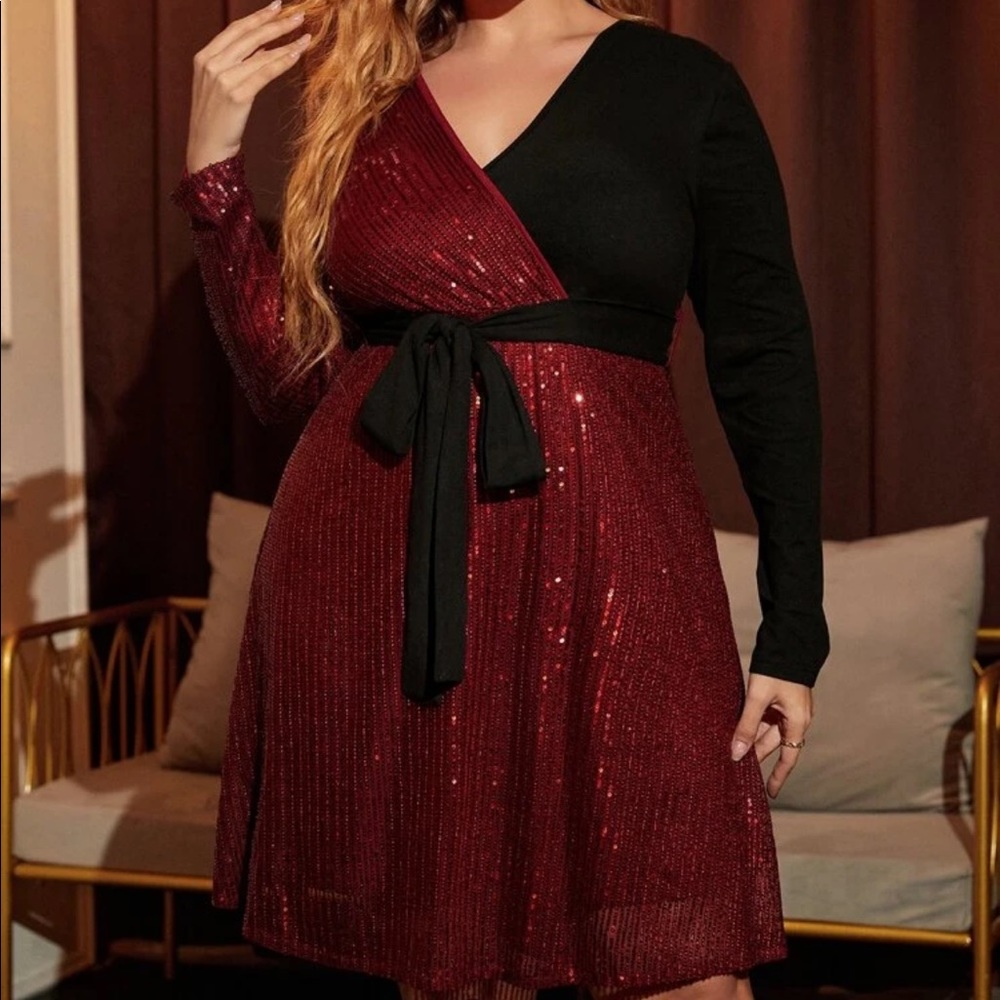 Plus size black burgundy rhinestones surplice mini dress party